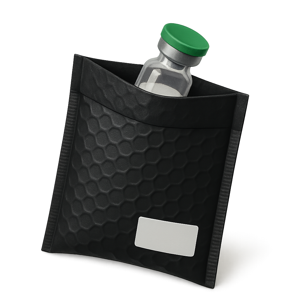 Sliding a vial into a padded envelope